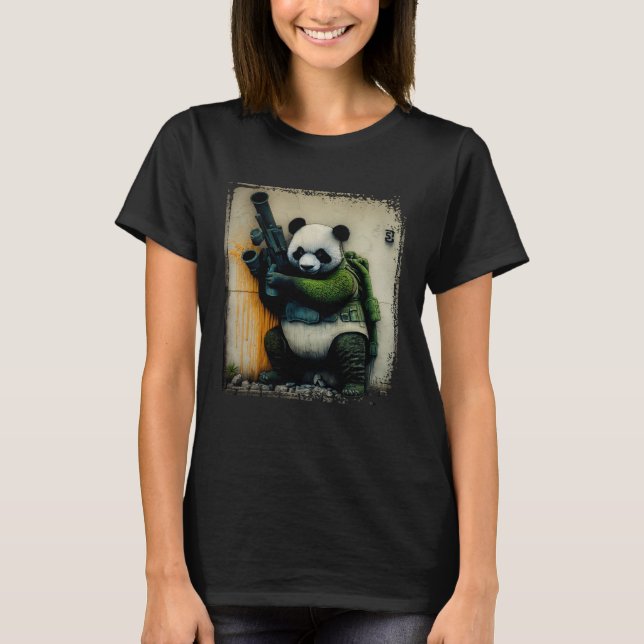 T-shirt Panda Warrior Holding Rocket Launcher Distressed W (Devant)