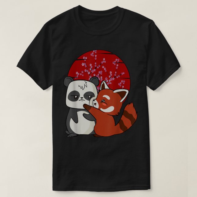 T-shirt Pandas rouge japonais en fleurs de cerisier Kawaii (Design devant)