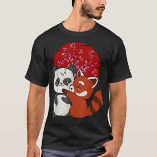 T-shirt Pandas rouge japonais en fleurs de cerisier Kawaii