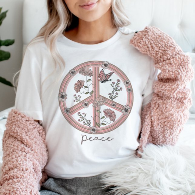 T-shirt Panneau de Paix Boho Floral Butterfly Girl Retro (Créateur téléchargé)