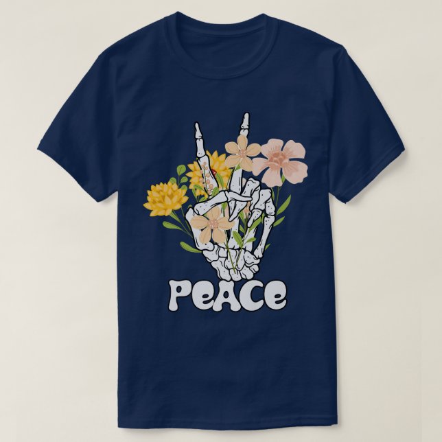 T-shirt Panneau Paix Fleurs Et Squelette Main Paix Retro B (Design devant)