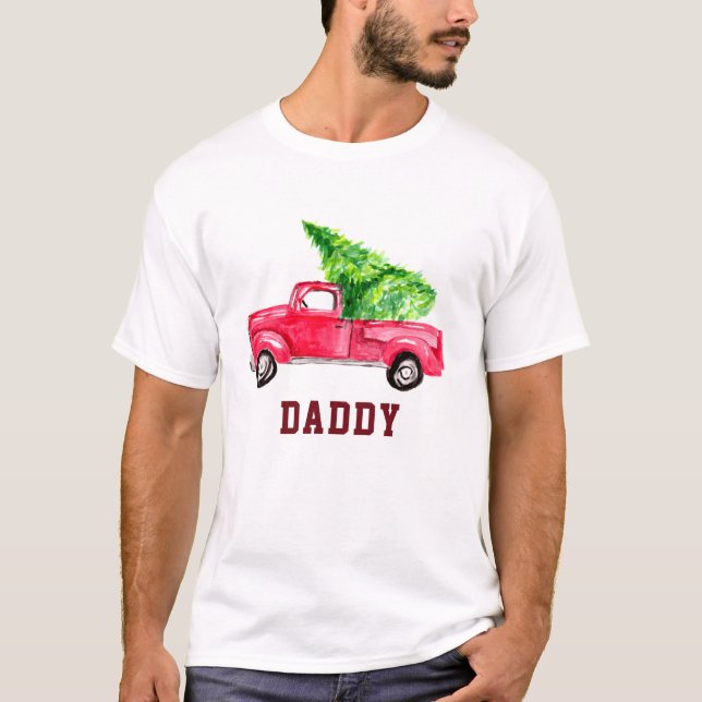 T-shirt Papa Camion rouge Chariot de Noël Arbre aquarelle (Devant)