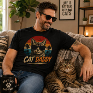 T-shirt Papa Chat Cool Rétro Coucher de Soleil Palmier Fêt