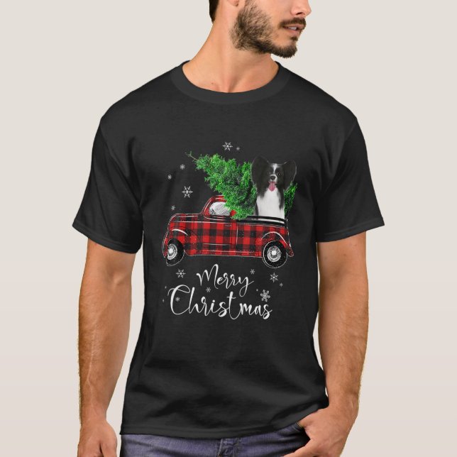 T-shirt Papillon Dog Ride Red Truck Christmas Funny Chien (Devant)