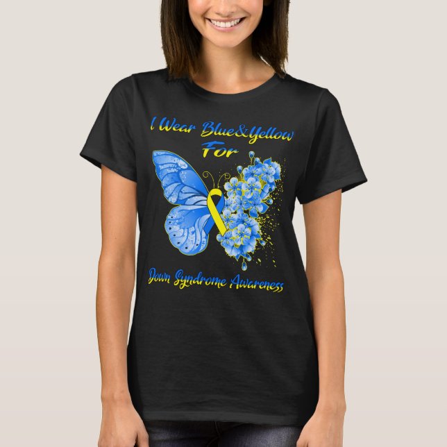 T-shirt Papillon Je Porte Bleu Et Jaune Pour Le Syndrome D (Devant)