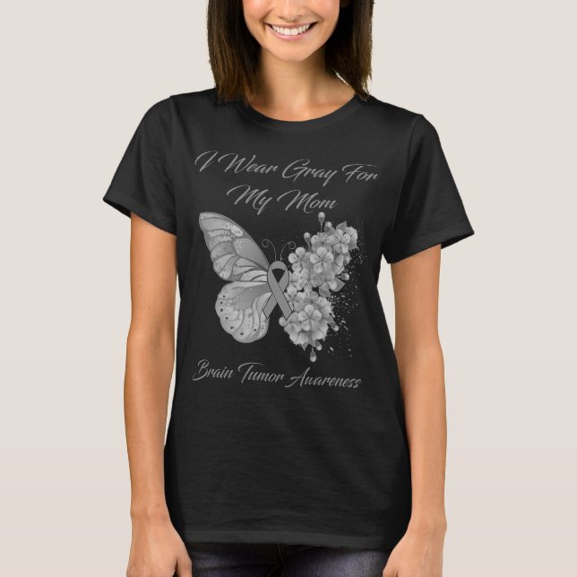 T-shirt Papillon Je Porte Gris Pour Ma Maman Tumeur Cervea (Devant)