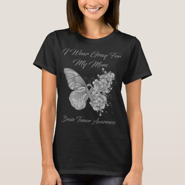 T-shirt Papillon Je Porte Gris Pour Ma Maman Tumeur Cervea (Devant)