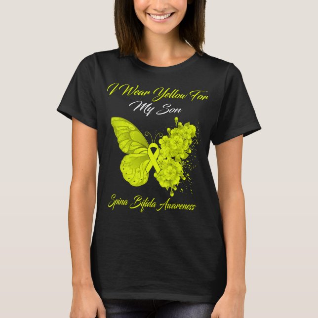 T-shirt Papillon Je Porte Jaune Pour Mon Fils Spina Bifida (Devant)