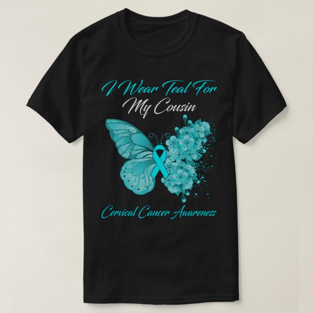 T-shirt Papillon Je Porte Turquoise Pour Ma Cousin Cance C (Design devant)
