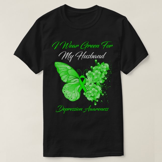 T-shirt Papillon Je Porte Vert Pour Mon Mari Dépression Un (Design devant)