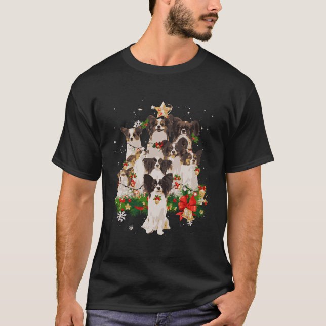 T-shirt Papillon Noël Arbre Lumières Drôle Chien Xmas Cade (Devant)