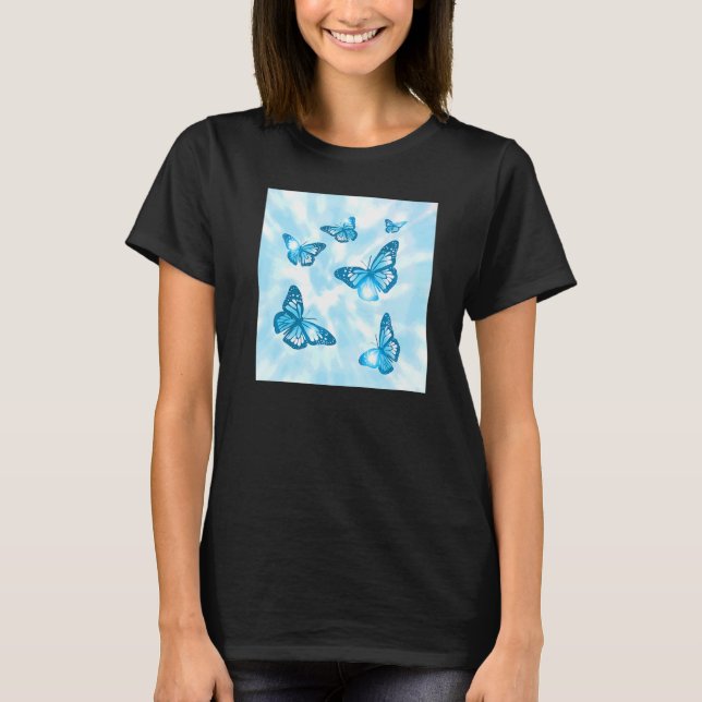 T-shirt Papillon Pastel Cyan Esthétique Et Teinture Bleue (Devant)