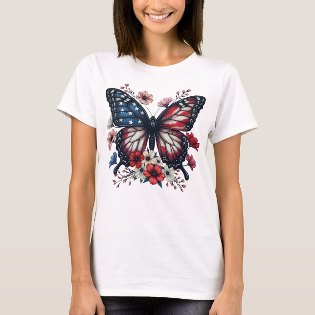 T-shirt Papillon patriotique 4 juillet drapeau floral des  (Devant)