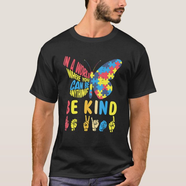 T-shirt Papillon Puzzle Be Kind Signer Langue Main Autisme (Devant)