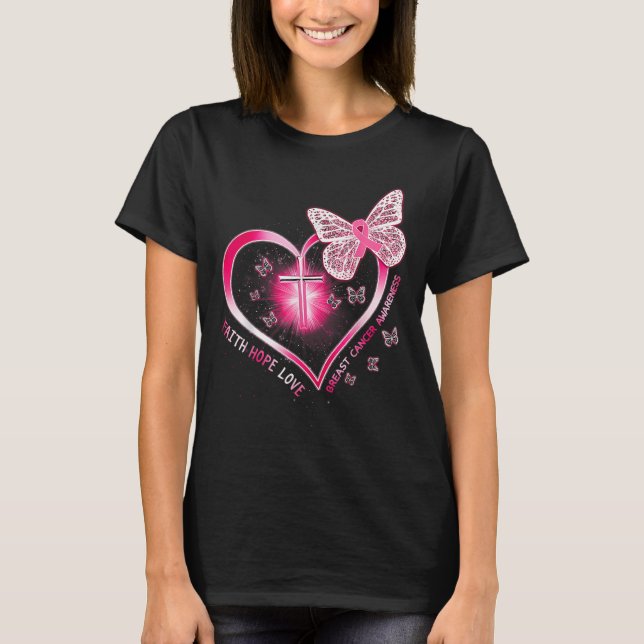 T-shirt Papillon rose Croix Foi Espoir Amour Cancer du sei (Devant)