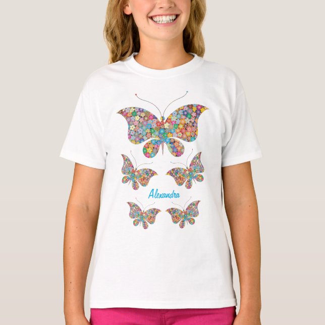T-shirt Papillons d'art Fleurs Personnaliser le nom (Devant)