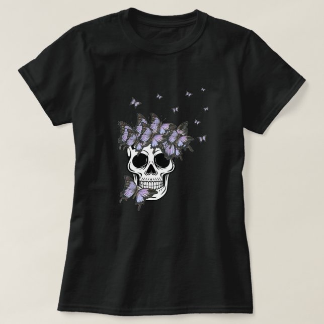 T-shirt Papillons vintages pourpres Crâne (Design devant)