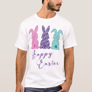 T-shirt Pâques joyeuses : Trio de lapins en dentelle