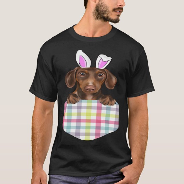 T-shirt Pâques Plaid Brown Dachshund Bunny Chien Dans Pock (Devant)
