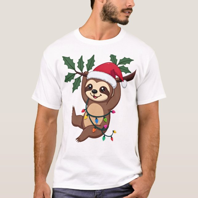 T-shirt Paresseux de lumières de Noël portant un chapeau d (Devant)