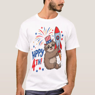 T-shirt Paresseux Happy 4th Feux d'artifice de fusée USA