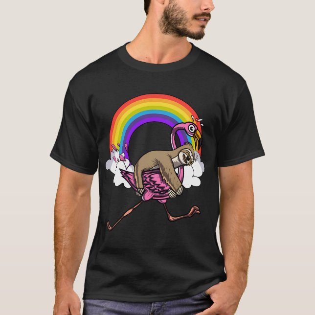 T-shirt Paresseux montant un oiseau flamant rose (Devant)