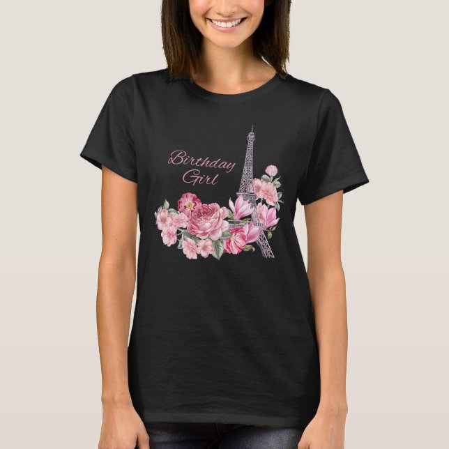T-shirt Paris Tour Eiffel Fille Anniversaire Fleurs roses  (Devant)
