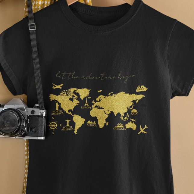 T-shirt Parties scintillant d'or Carte du monde sur Black  (Créateur téléchargé)