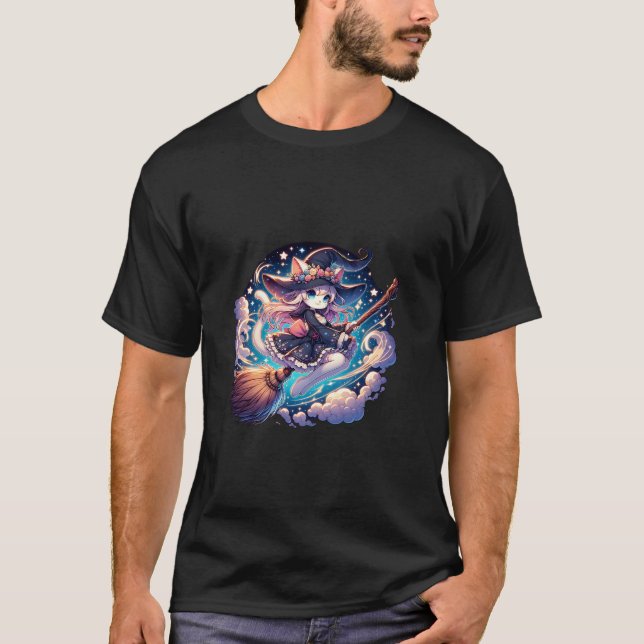 T-shirt Pastel Goth Anime Vol Neko Witch Déplaisant Kawaii (Devant)