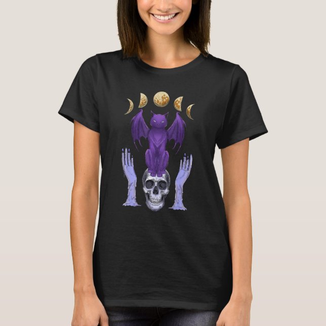 T-shirt Pastel Goth Cat Skull Candles Moon Phases Creepy C (Devant)