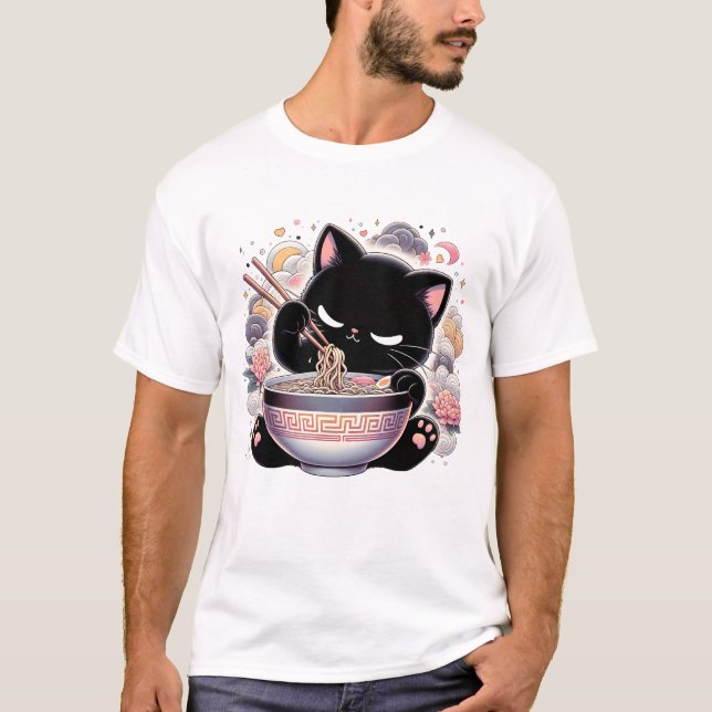 T-shirt Pastel Kawaii Chat Déplaisant Manger Ramen nouille (Devant)