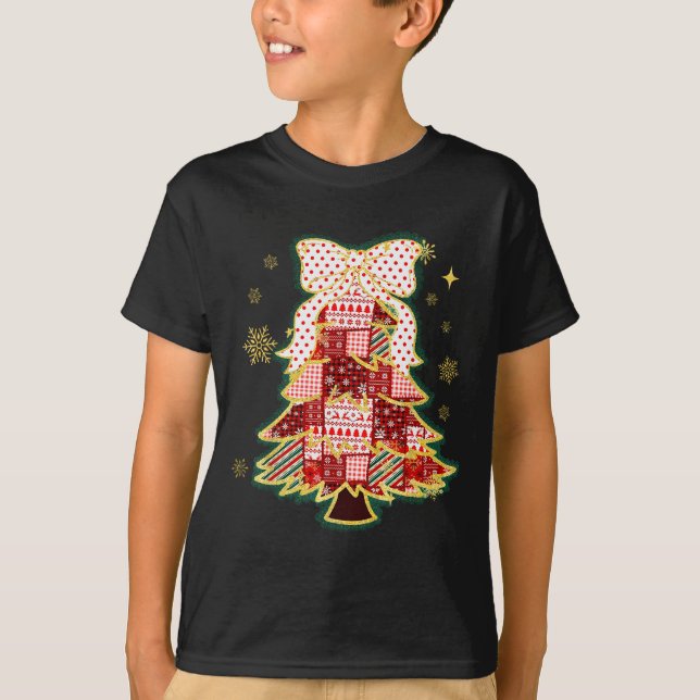 T-shirt Patchwork Christmas Tree Coquette Bow Xmas Holiday (Devant)