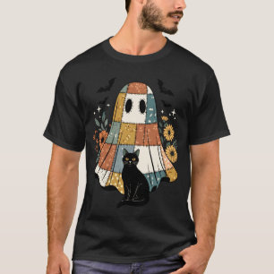T-shirt Patchwork Halloween Fantôme Chat Noir Fleurs Chauv