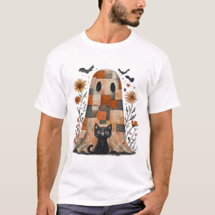 T-shirt Patchwork Halloween Fantôme et Chat, Rétro Épouvan