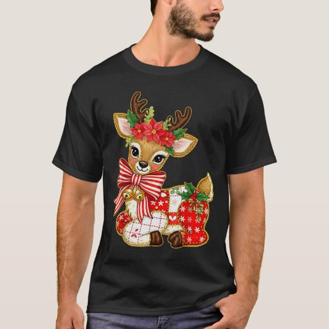 T-shirt Patchwork Reindeer Preppy Girly Christmas Xmas Hol (Devant)