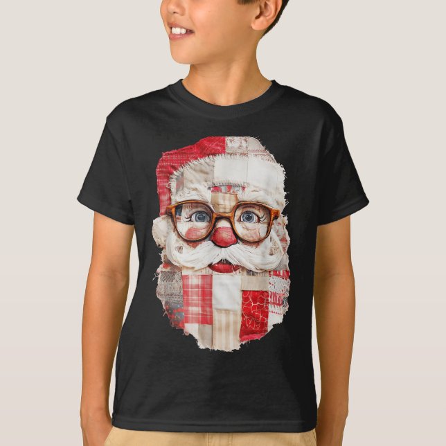 T-shirt Patchwork Santa Claus Face Preppy Girly Christmas  (Devant)