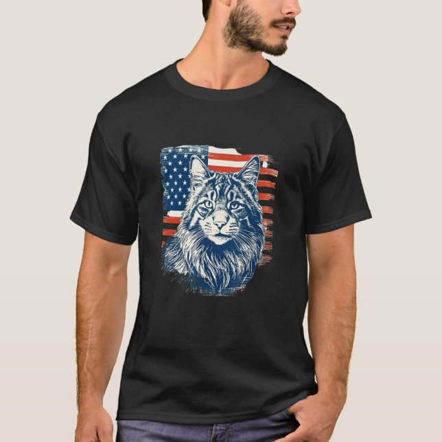 T-shirt Patriotic Maine Coon Face Independence Day Feline  (Devant)