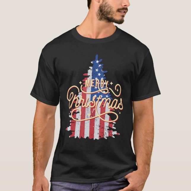 T-shirt Patriotique Arbre de Noël Us Drapeau Retro Merry C (Devant)