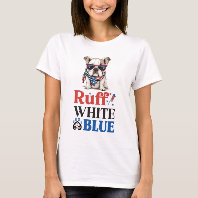 T-shirt Patriotique Bulldog Ruff blanc et bleu (Devant)