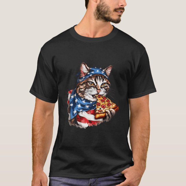 T-shirt Patriotique Chat Mange Pizza 4 juillet Drapeau Amé (Devant)