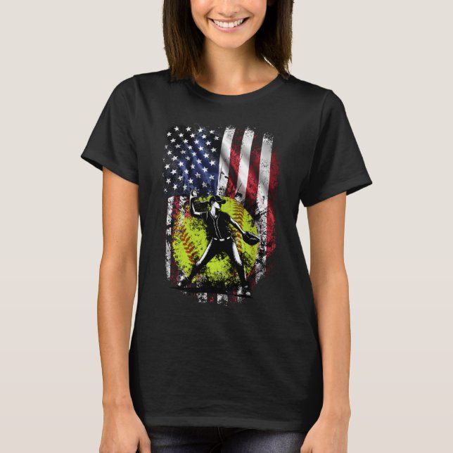 T-shirt Patriotique Softball Pitcher - 4 juillet USA Drape (Devant)