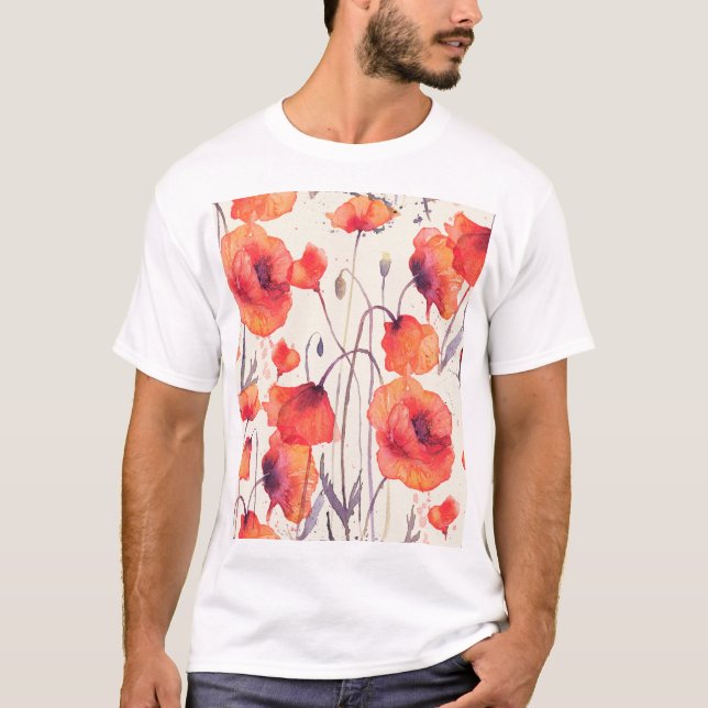 T-shirt Pavot rouge sauvage, motif d'aquarelle (Devant)