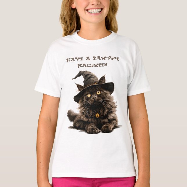 T-shirt Paw-some Halloween Casquette de sorcière de chat n (Devant)