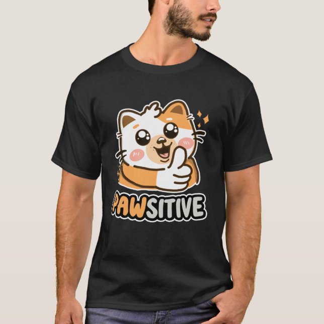 T-shirt Pawsitive Cute Cat Thumbs Up Kitten (Devant)