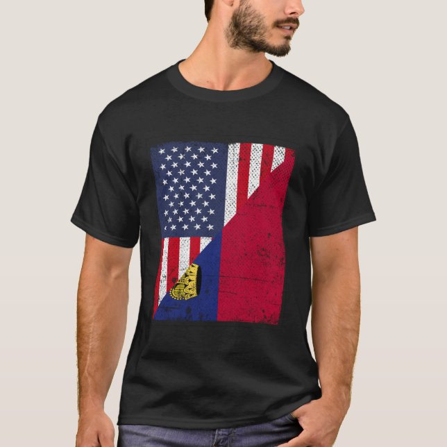 T-shirt Pays Drapeau Design - Demi-Usa Half Liechtenstein (Devant)