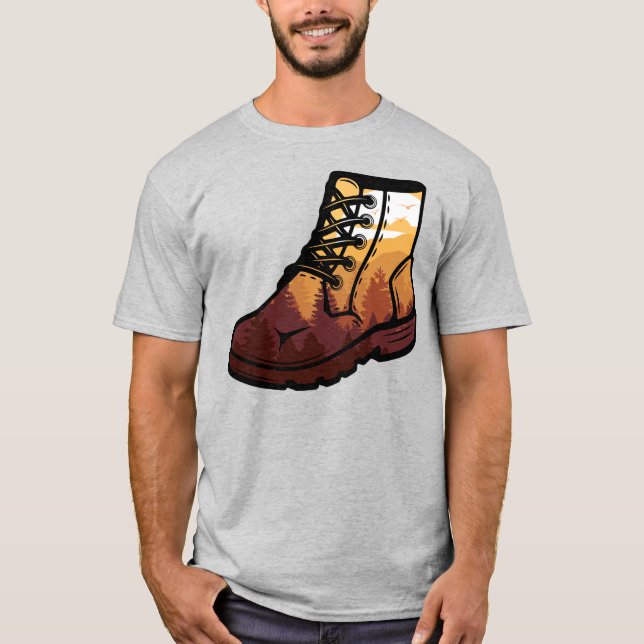 T-shirt Paysage de chaussure Randonnée rétro - Coucher de  (Devant)