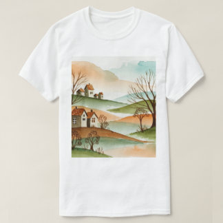 T-shirt paysage de collines avec de petites maisons