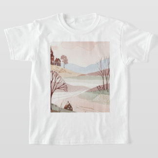 T-shirt paysage de collines avec de petites maisons