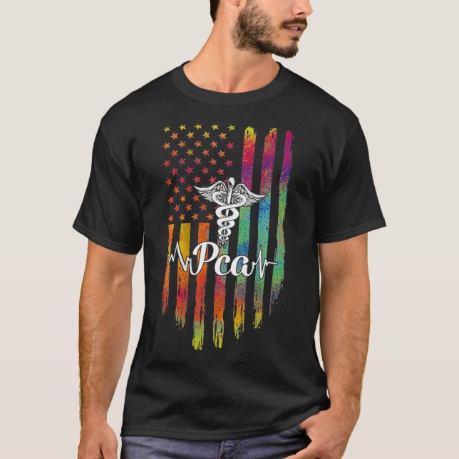 T-shirt PCA Caduceus American Flag USA Heartbeats Nurtbeat (Devant)
