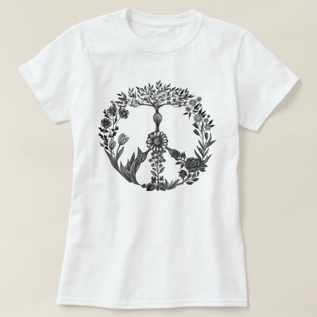 T-shirt Peace Floral Dessin Cute Boho Hippie Fleurs Art (Design devant)
